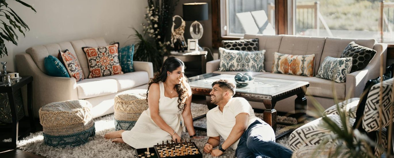 romantic indoor couple playing chess in toronto