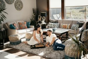 romantic indoor couple playing chess in toronto